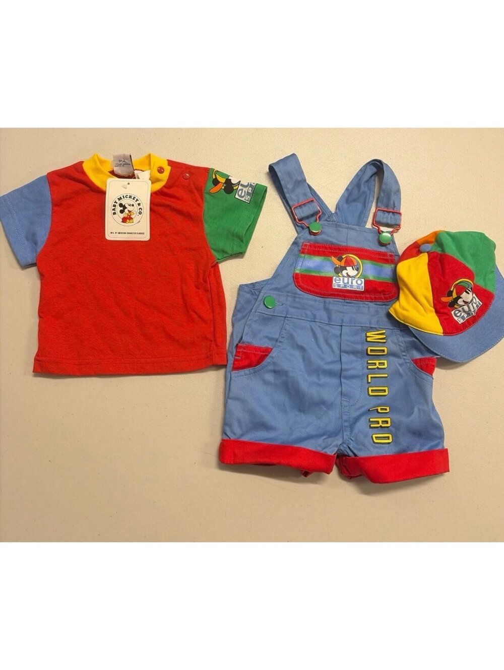Vintage Disney Baby Mickey & Co Euro Sport Overalls Shirt Hat 3pc Set 12M NWT